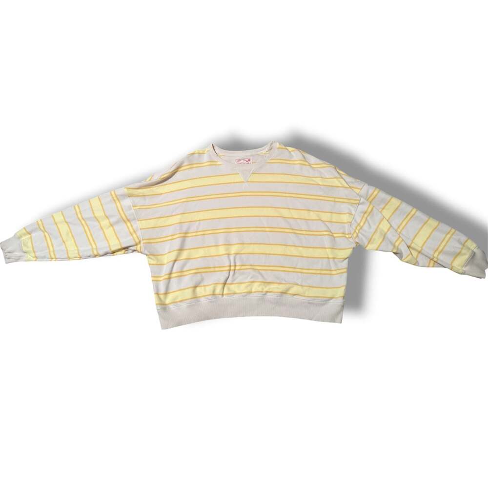 American Eagle Striped Off-the-Shoulder Crew Neck Sweatshirt Yellow White